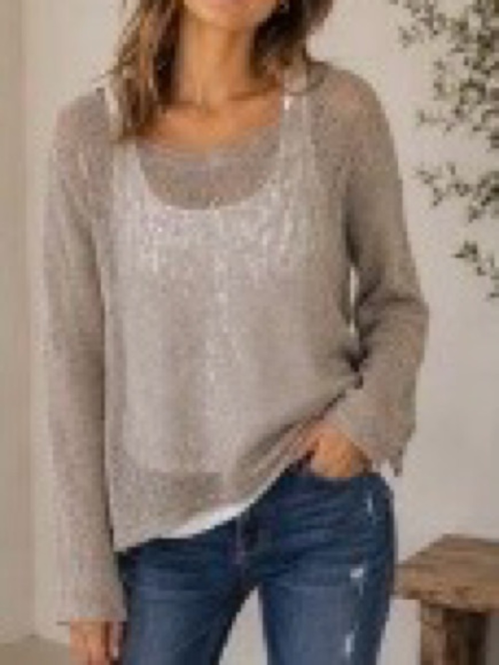 Simply Vera Vera Wang Women’s Beige Layered Look Knit Long Sleeve Top